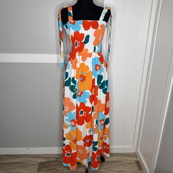 The Unbranded Brand Dresses & Skirts - Floral Maxi Dress Size S Smocked Bodice Tie Straps Pockets Bright Print NWT